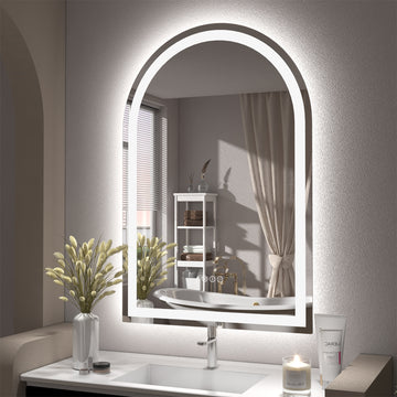 Arched Frontlit Glass Bathroom Vanity Mirror with Dimmable LED Lights and Fog-Free Function 32-in x 43-in