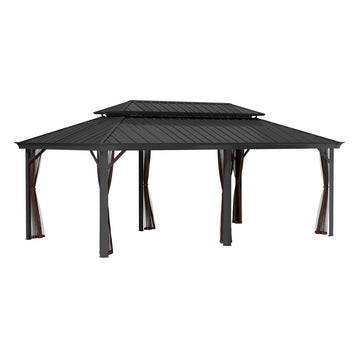 12x20 FT Hard Top Metal Gazebo Patio Double Roof Canopy Aluminum Frame Gazebo with Netting Tent Curtains
