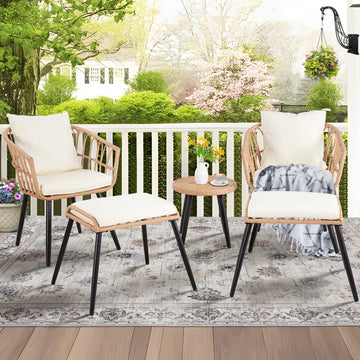 Yellow Beige 5-Piece Set Outdoor Patio Bistro with 2 chairs 2 ottomans and 1 round table