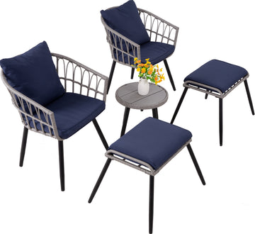 Gray Blue 5-Piece Set Outdoor Patio Bistro with 2 chairs 2 ottomans and 1 round table