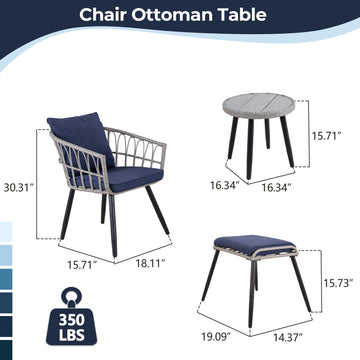 Gray Blue 5-Piece Set Outdoor Patio Bistro with 2 chairs 2 ottomans and 1 round table