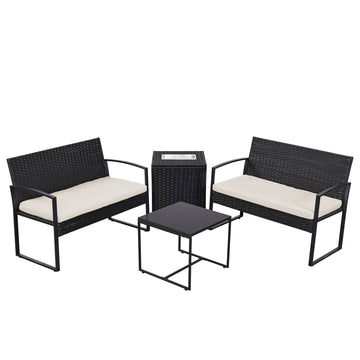 Beige Black 4-Piece Set Outdoor Patio Ice Bucket Set with 2 chairs 1 ice bucket table