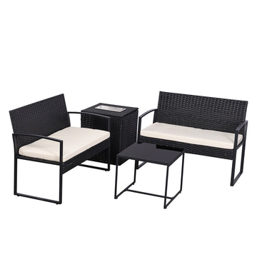 Beige Black 4-Piece Set Outdoor Patio Ice Bucket Set with 2 chairs 1 ice bucket table