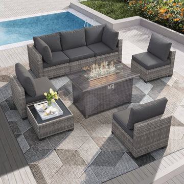 7 Piece All Weather PE Rattan Patio Conversation Set Gray for Backyard Poolside