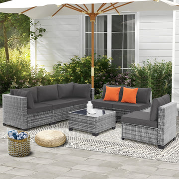 7 Piece All Weather PE Rattan Patio Conversation Set Gray for Backyard Poolside