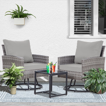 Gray 3-Piece Set Outdoor Patio Swivel Chair with 2 swivel chairs and 1 coffee table