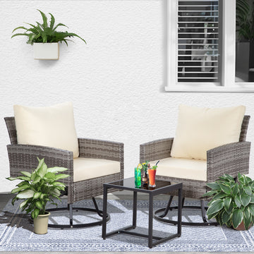 Gray Beige 3-Piece Set Outdoor Patio Swivel Chair with 2 swivel chairs