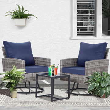Gray Blue 3-Piece Set Outdoor Patio Swivel Chair with 2 swivel chairs and 1 coffee table