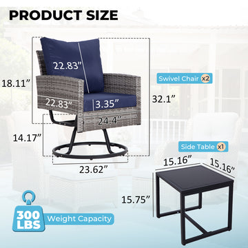 Brown Black 3-Piece Set Outdoor Patio Swivel Chair with 2 swivel chairs and 1 coffee table