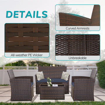 Blue Brown 4-Piece Set Outdoor Patio Sofa with 4-piece sofa set with coffee table