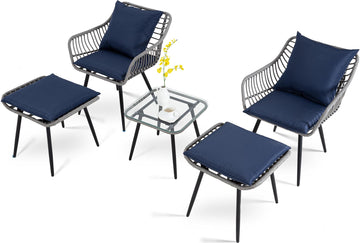 Gray Blue 5-Piece Set Outdoor Patio Bistro with 2 chairs 2 ottomans and 1 square table