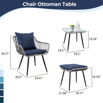 Gray Blue 5-Piece Set Outdoor Patio Bistro with 2 chairs 2 ottomans and 1 square table