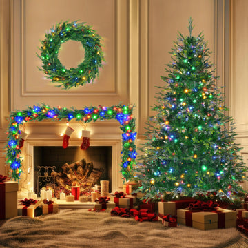 6FT Pre-Lit Aspen Fir Artificial Christmas Tree with Wreath & Garland,Grass Green Xmas Tree with 380 Multi-Color LED Lights, 11 Lighting Modes, 861 PE Branch Tips, for Indoor Holiday Decor