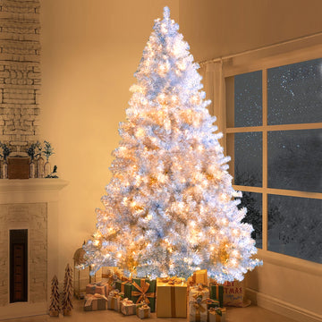 7.4FT Sliver Pre-Lit Artificial Christmas Tree, Hinged Full Tree with Metal Stand, 1200 Branch Tips, 400 LED Lights,11 Lighting Modes, Holiday Decoration Tree for Indoor and Outdoor