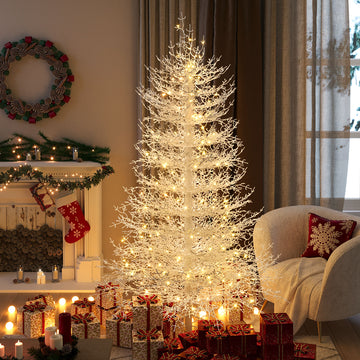 6FT Pre-lit Aspen Fir Artificial Christmas Tree, Hinged Xmas Tree 623 Snow Flocked Branch Tips, 420 Warm White LED Lights, Holiday Coral Christmas Tree for Home Party