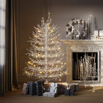 4FT Pre-lit Aspen Fir Artificial Christmas Tree, Hinged Xmas Tree 280 Snow Flocked Branch Tips, 230 Warm White LED Lights, Holiday Coral Christmas Tree for Home Party