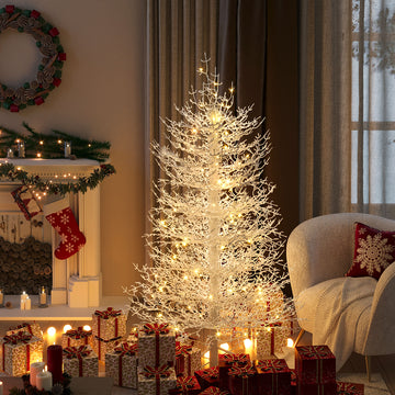 4FT Pre-lit Aspen Fir Artificial Christmas Tree, Hinged Xmas Tree 280 Snow Flocked Branch Tips, 230 Warm White LED Lights, Holiday Coral Christmas Tree for Home Party