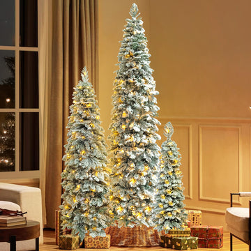 8FT, 6FT, 4FT Pre-Lit Pencil Christmas Trees, Set of 3 Flocked Fir Slim Christmas Trees, Xmas Holiday Decoration Tree, 1370 PE Branch Tips, 290 LED Lights with 11 Lighting Modes