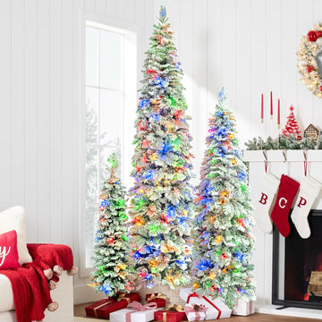 8FT, 6FT, 4FT Pre-Lit Pencil Christmas Trees, Set of 3 Flocked Fir Slim Christmas Trees, Xmas Holiday Decoration Tree, 1370 PE Branch Tips, 290 LED Lights with 11 Lighting Modes