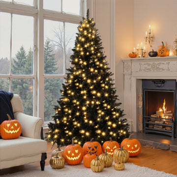 6FT Pre-lit Black Artificial Hinged Christmas Tree, Holiday Spruce Xmas Tree with 920 Branch Tips and 280 Color LED Changing Lights with 11 Lighting Modes, Holiday Decoration for Home, Office,School