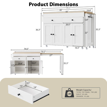 74.5 Inch Extendable Kitchen Island with Dining Table Rolling Storage Cart with Spice Rack Drawers and 4 Door Cabinet White