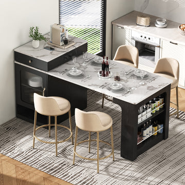 59.5 Inch Extendable Kitchen Island with Dining Table Storage Drawers Power Outlet and Double Sided Shelves Black