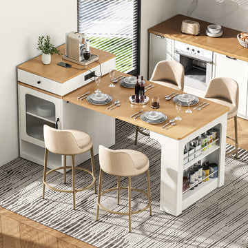 59.5 Inch Extendable Kitchen Island with Dining Table Storage Drawers Power Outlet and Double Sided Shelves White