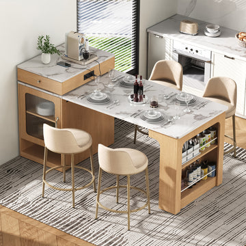 59.5 Inch Extendable Kitchen Island with Dining Table Storage Drawers Power Outlet and Double Sided Shelves Natural