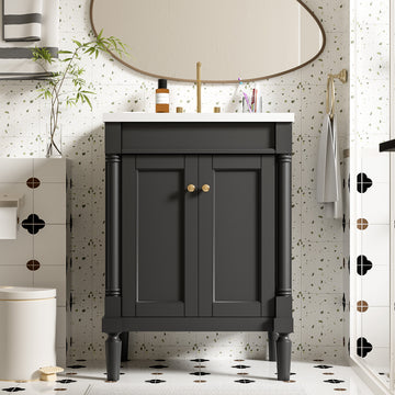 24 Inch Bathroom Vanity with Sink Modern Storage Cabinet with Doors and Shelves Black