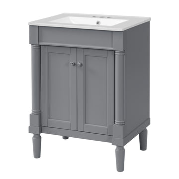 24 Inch Bathroom Vanity with Ceramic Sink and Storage Cabinet Grey