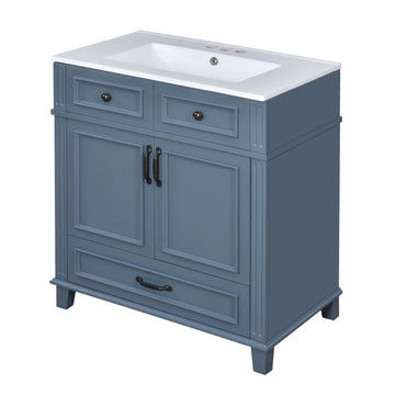 30 Inch Retro Bathroom Vanity With Ceramic Sink Solid Wood Frame Blue