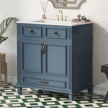 30 Inch Retro Bathroom Vanity With Ceramic Sink Solid Wood Frame Blue
