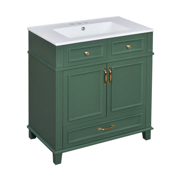30 Inch Retro Bathroom Vanity with Ceramic Sink Solid Wood Frame Green