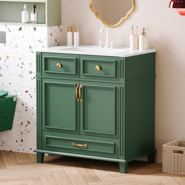 30 Inch Retro Bathroom Vanity with Ceramic Sink Solid Wood Frame Green