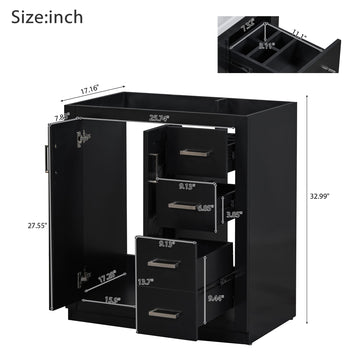 30 Inch Bathroom Vanity With Ceramic Sink Solid Wood Frame Three Drawers Black