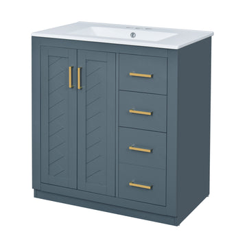 30 Inch Bathroom Vanity With Ceramic Sink Solid Wood Frame Three Drawers Blue