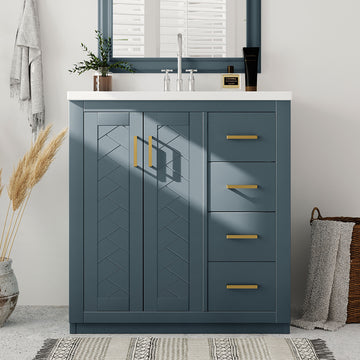 30 Inch Bathroom Vanity With Ceramic Sink Solid Wood Frame Three Drawers Blue