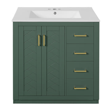 30 Inch Bathroom Vanity With Ceramic Sink Solid Wood Frame Three Drawers Green