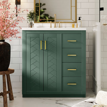 30 Inch Bathroom Vanity With Ceramic Sink Solid Wood Frame Three Drawers Green