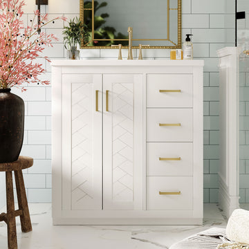 30 Inch Bathroom Vanity With Ceramic Sink Solid Wood Frame Three Drawers White