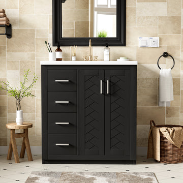 30 Inch Bathroom Vanity with Ceramic Sink Solid Wood Frame Black