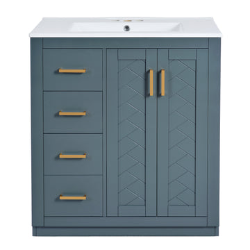 30 Inch Bathroom Vanity with Ceramic Sink Solid Wood Frame Blue