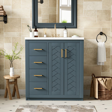 30 Inch Bathroom Vanity with Ceramic Sink Solid Wood Frame Blue