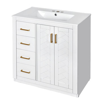 30 Inch Bathroom Vanity with Ceramic Sink Solid Wood Frame White