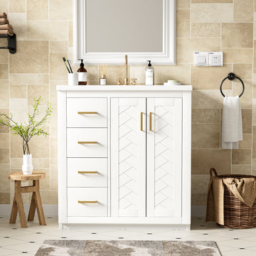 30 Inch Bathroom Vanity with Ceramic Sink Solid Wood Frame White