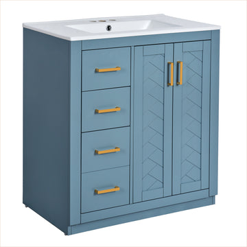 30 Inch Bathroom Vanity with Ceramic Sink Solid Wood Frame Indigo