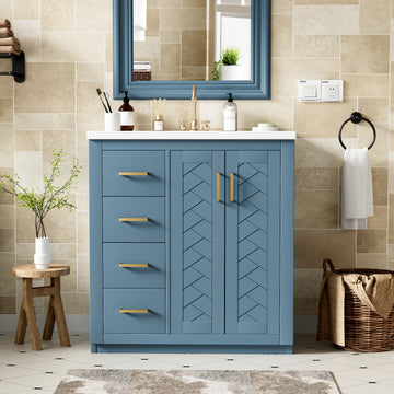 30 Inch Bathroom Vanity with Ceramic Sink Solid Wood Frame Indigo