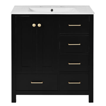 30 Inch Modern Bathroom Vanity With Ceramic Sink And Four Drawers Black