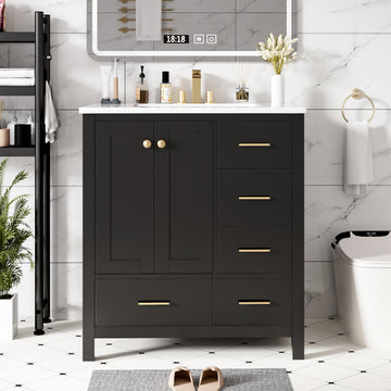 30 Inch Modern Bathroom Vanity With Ceramic Sink And Four Drawers Black