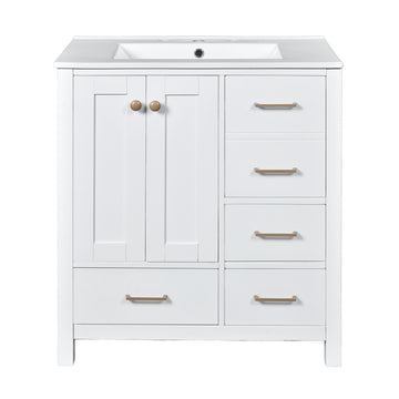 30 Inch Modern Bathroom Vanity With Ceramic Sink And Four Drawers White